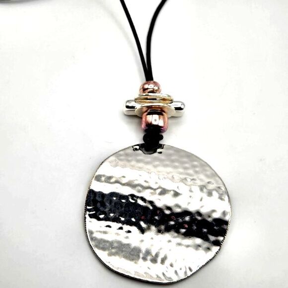 Large Silvertone Hammered Disc on 32" Black Cord Necklace with 2-Tone Accents - Picture 1 of 4